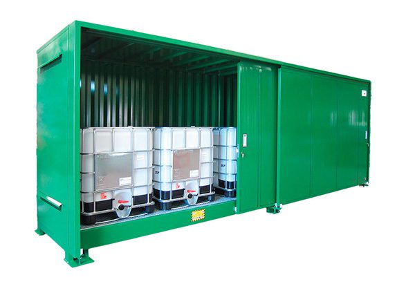Container di stoccaggio per IBC su un livello ideale anche come stazione di travaso con porte scorrevoli
