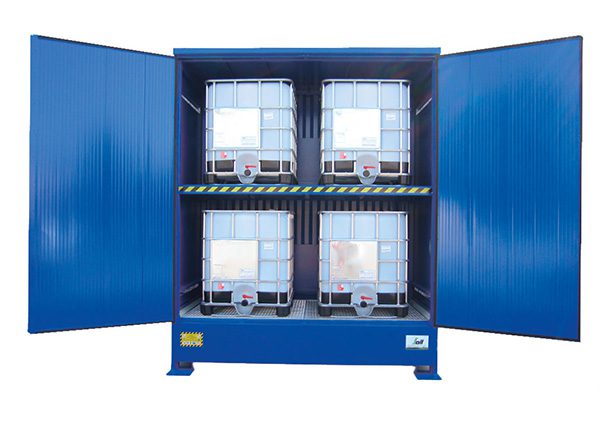Container di stoccaggio per 4 IBC da 1000 L su due livelli con porte battenti