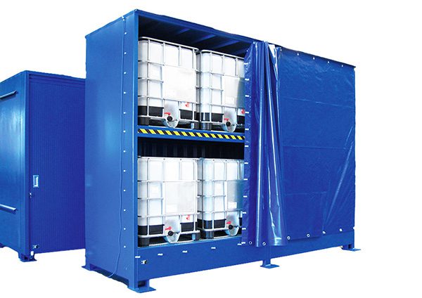 Container di stoccaggio per 8 IBC su due livelli con telo PVC
