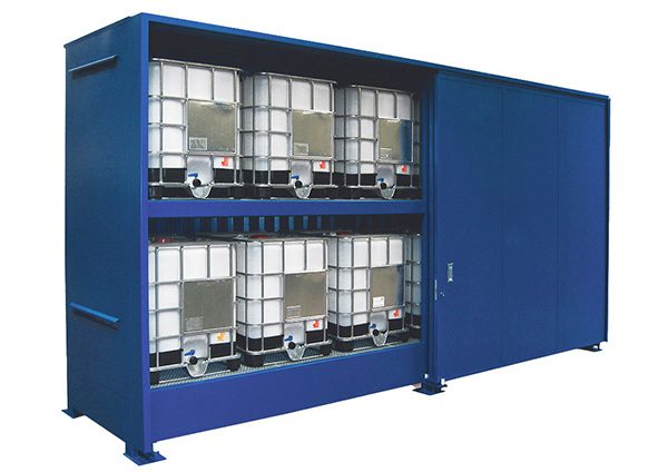 Modul container per 12 cisternette IBC da 1000 L su 2 livelli con porte scorrevoli