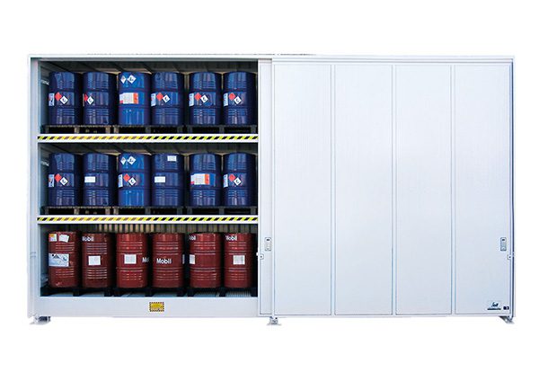 Container di stoccaggio per 36 fusti su pallet o 48 fusti da 200 L su grigliato su 3 livelli con porte scorrevoli