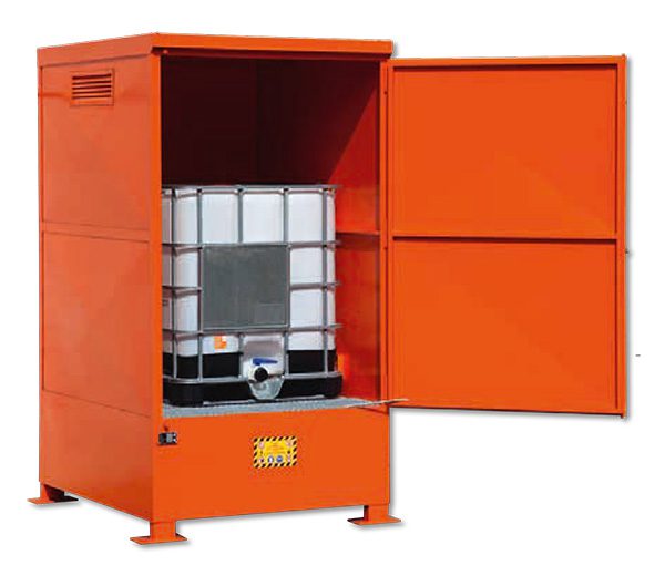 Armadio da esterno arancione in acciaio con vasca di raccolta per 1 cisterna IBC