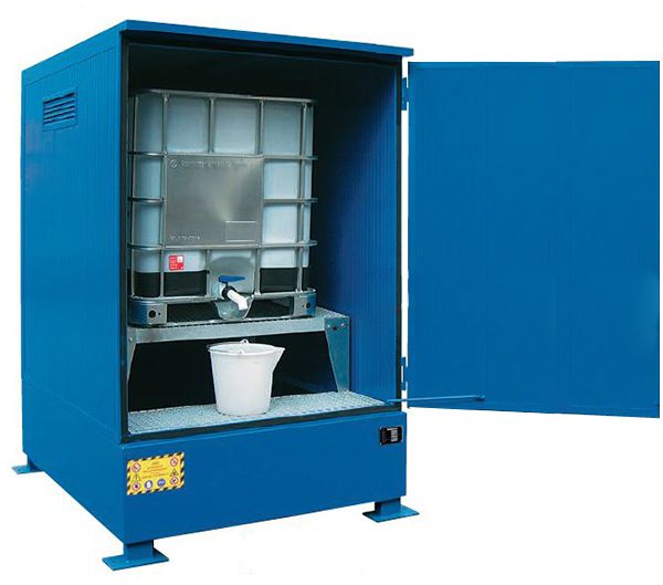 Deposito di stoccaggio in acciaio verniciato blu con isolamento termico per 1 cisterna 1000 lt