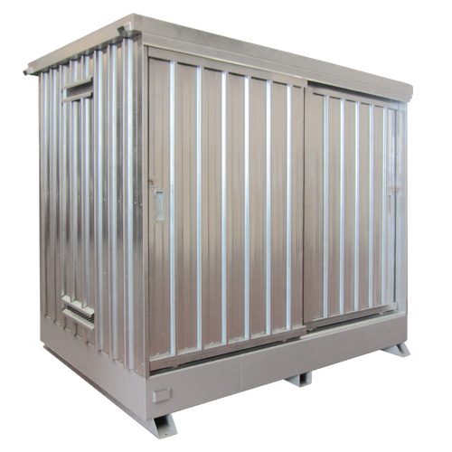 Modul container per lo stoccaggio di 2 IBC da 1000 L su un unico livello in acciaio con porte scorrevoli e chiusura a chiave