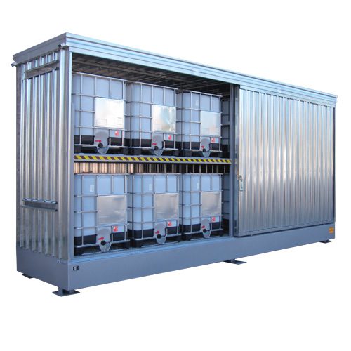 Modul container per lo stoccaggio di 12 IBC su 2 livelli con porte scorrevoli chiudibili a chiave