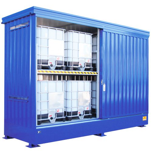 Modul container a 2 piani per lo stoccaggio di 8 IBC con porte scorrevoli chiudibili a chiave