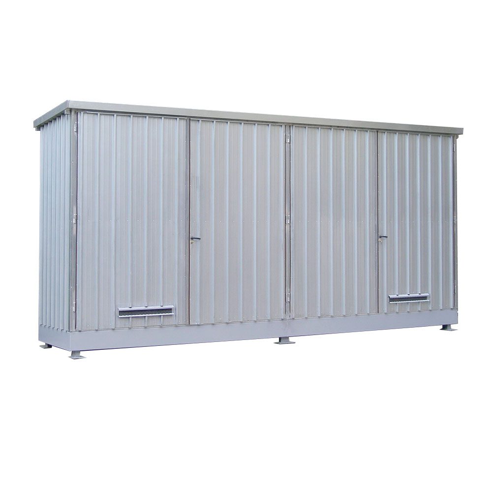 Modul container in acciaio zincato con porte battenti per lo stoccaggio di 32 fusti