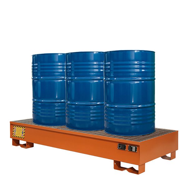 Vasca di contenimento per 3 fusti da 200 litri in acciaio verniciato arancione